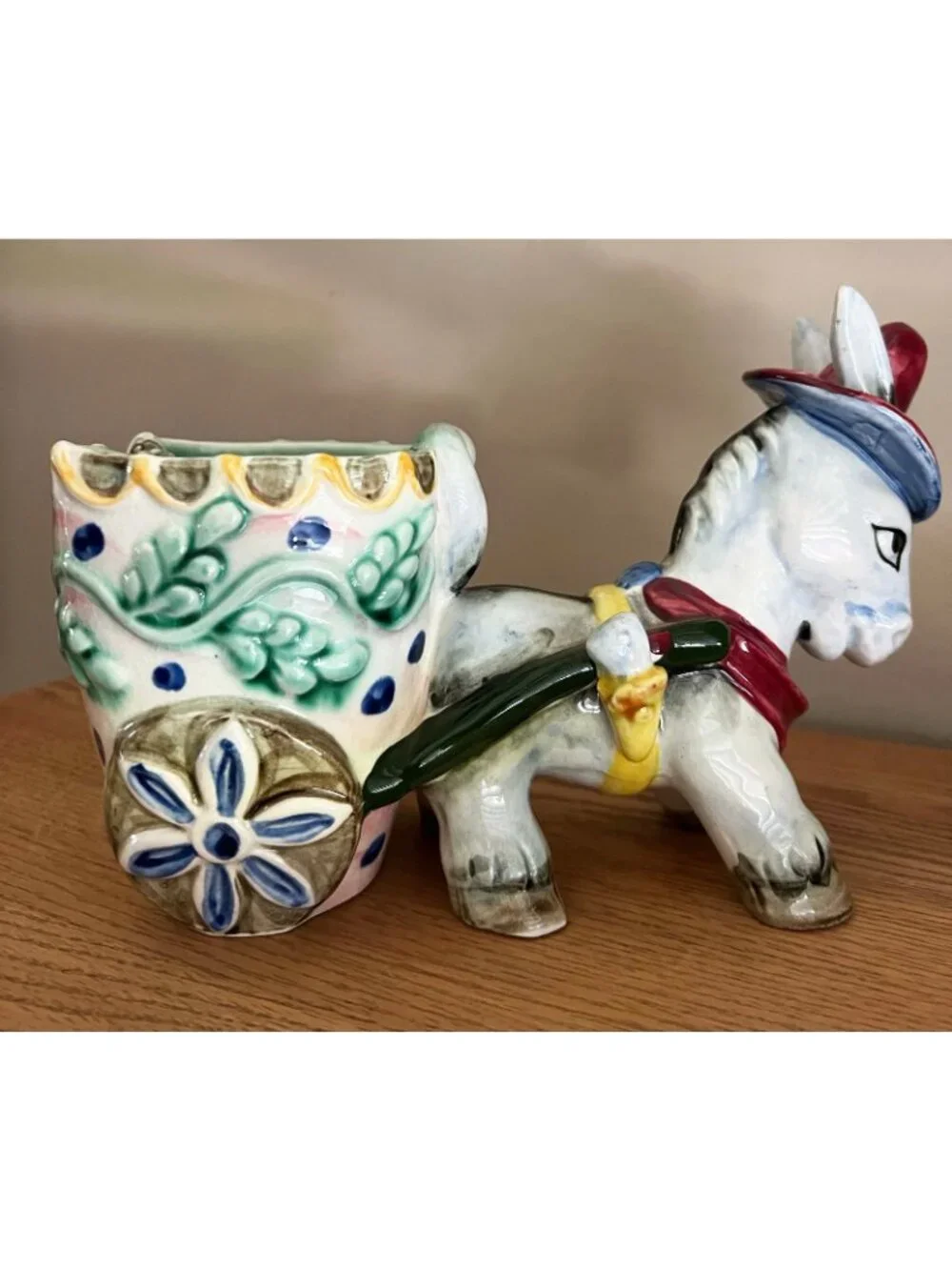 Vintage Lefton Donkey with Cart Hand Painted Ceramic Planter Figurines Japanese